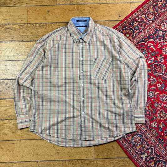Vintage Tommy Hilfiger Brown Cream Check Embroidered Shirt - XL
