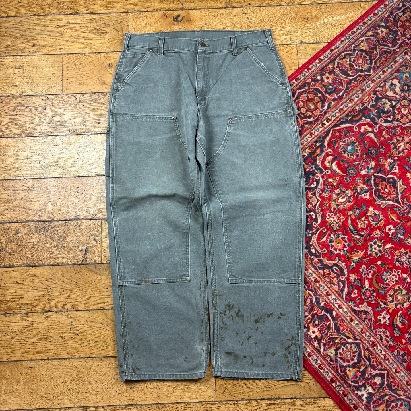 Vintage Carhartt Green Double Knee Workwear Carpenter Baggy Trousers - 34