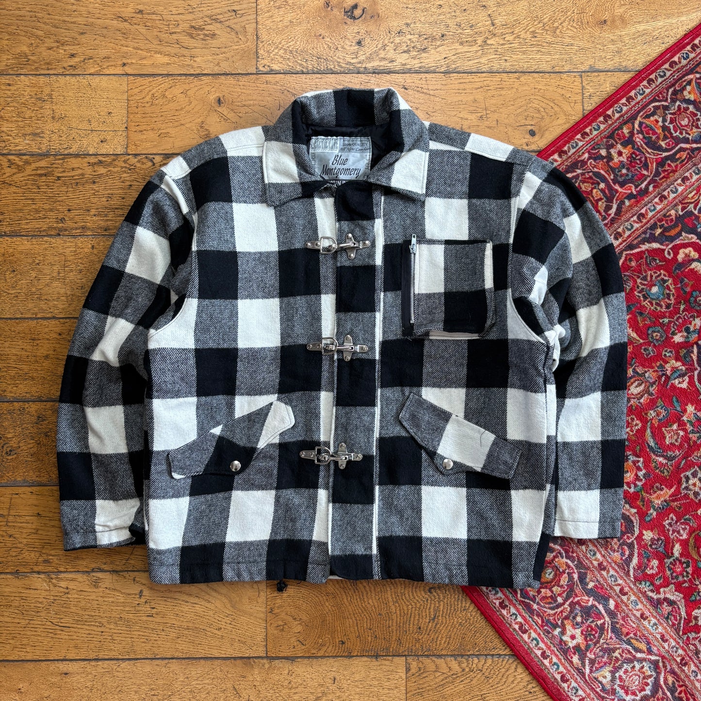 Vintage Black White Check Wool Fireman Clasp Jacket - L