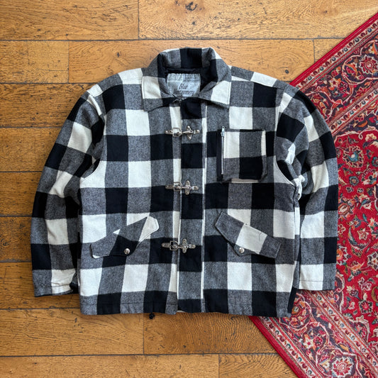 Vintage Black White Check Wool Fireman Clasp Jacket - L