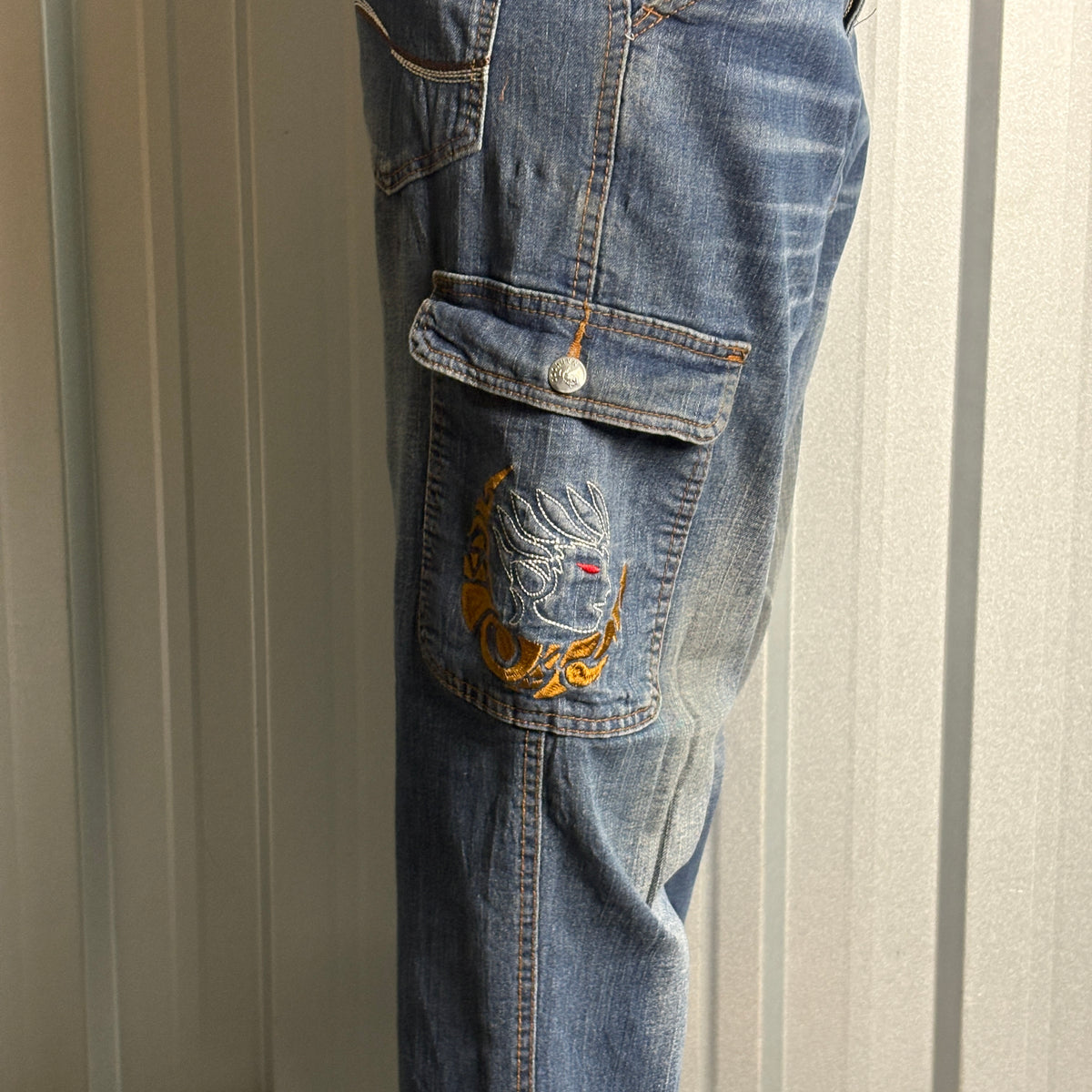 Embroidered Blue Cargo Japanese Denim Hip Hop Y2K Baggy Jeans - 34S