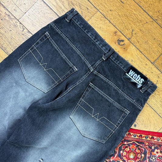 Vintage Webs Black Embroidered Y2K Hip Hop Baggy Jeans - 36