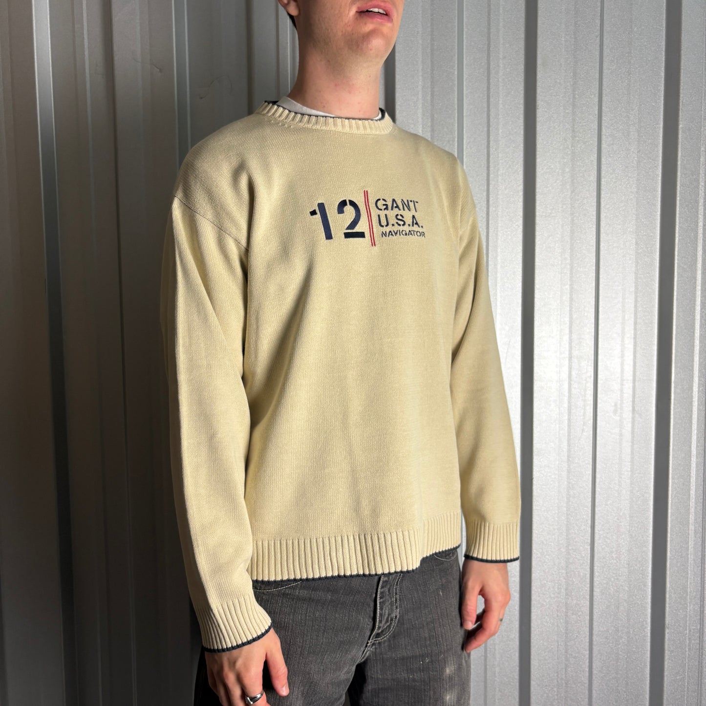 Vintage Gant Embroidered Cream 00s Y2K Chunky Knit Jumper - M