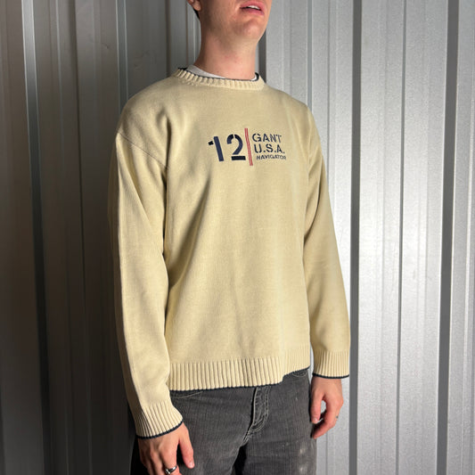 Vintage Gant Embroidered Cream 00s Y2K Chunky Knit Jumper - M