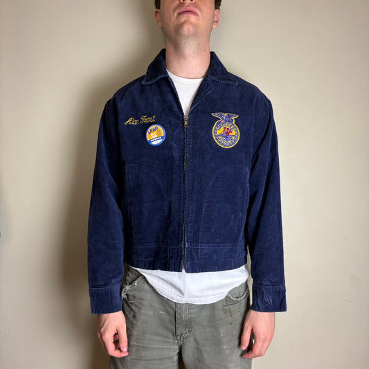 Vintage FFA Blue Embroidered Corduroy Cropped Boxy Workwear Jacket - M