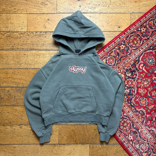 Vintage Stussy Womens Grey Cropped Boxy Embroidered Hoodie Sweatshirt - Size 10