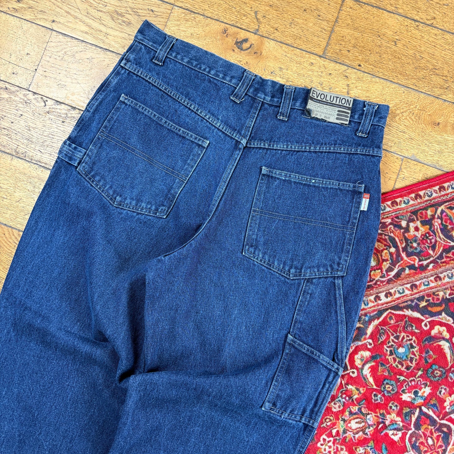 Vintage Evolution Blue Carpenter Embroidered Y2K Hip Hop Baggy Jeans - 38