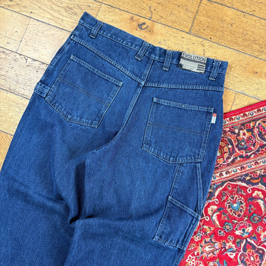 Vintage Evolution Blue Carpenter Embroidered Y2K Hip Hop Baggy Jeans - 38