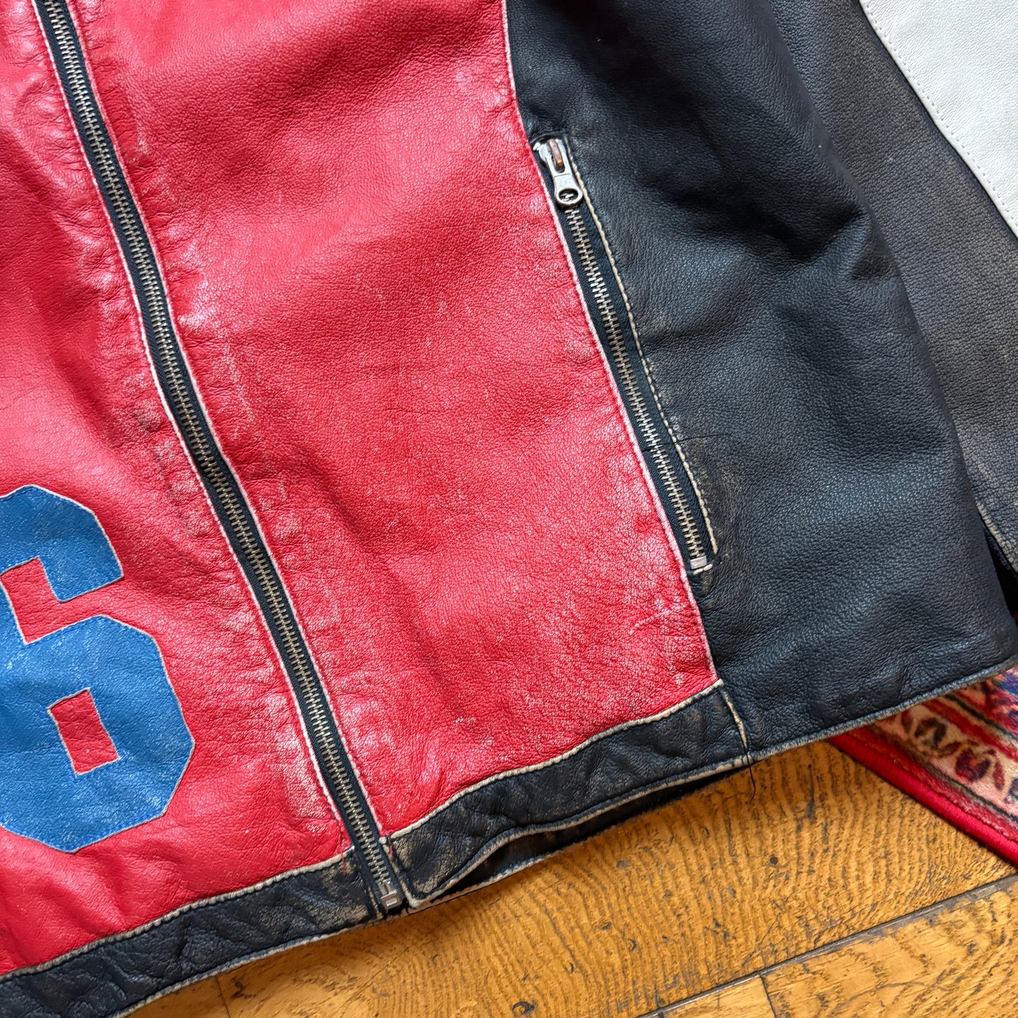 Vintage Red White Motorbike Leather Jacket - M