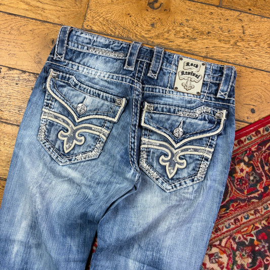 Vintage Rock Revival Blue Embroidered Y2K Hip Hop Straight Jeans - 32