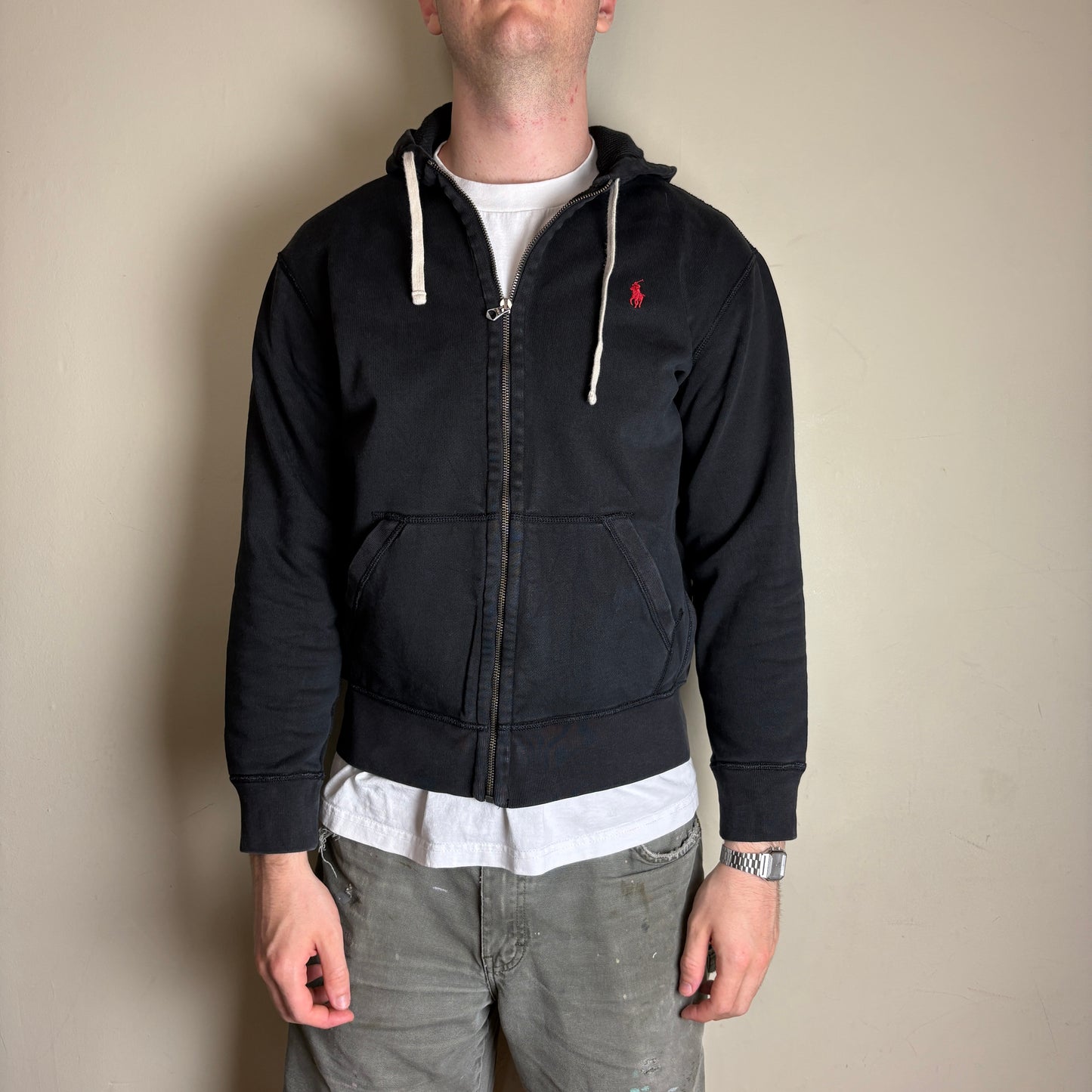 Vintage Ralph Lauren Black Hoodie Zip Embroidered Sweatshirt - M