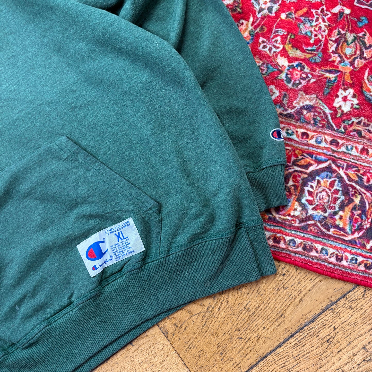 Vintage Champion Green Hoodie Embroidered Sweatshirt - XL