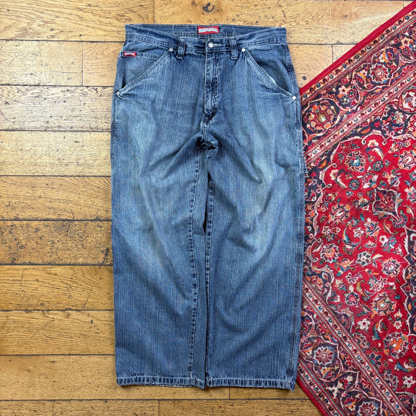 Vintage Low Rider Grey Embroidered Y2K Hip Hop Baggy Jeans - 36