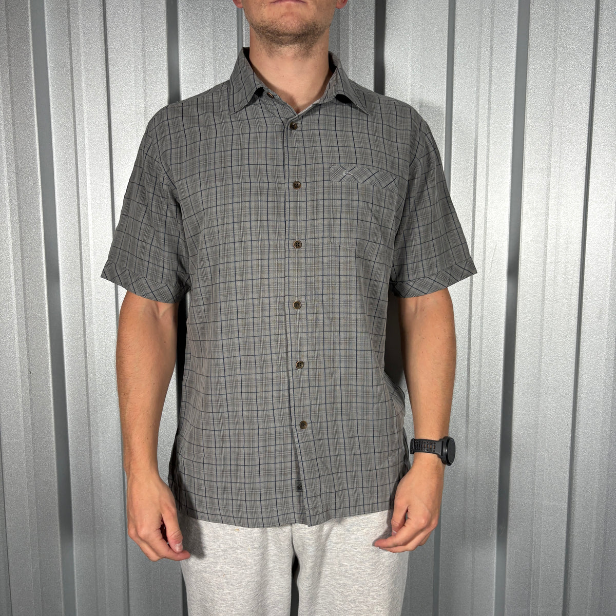 Quiksilver Grey Check Plaid Short Sleeve Shirt - S