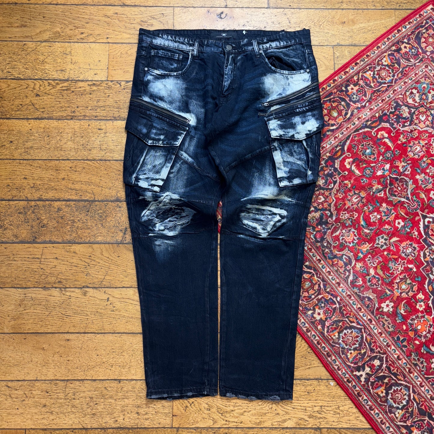 Vintage Navy Embroidered Y2K Hip Hop Slim Jeans - 42L