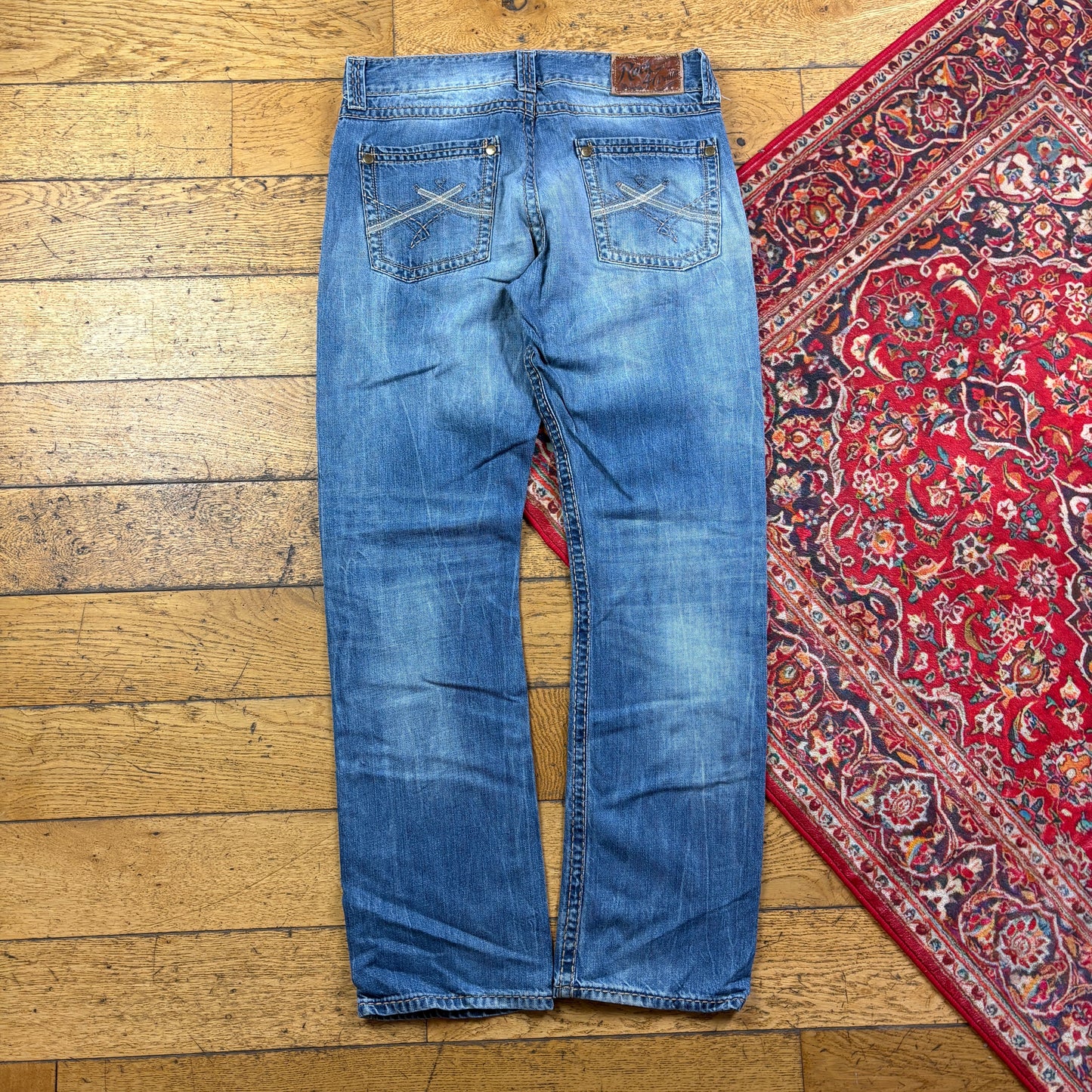 Vintage Blue Embroidered Y2K Hip Hop Straight Jeans - 36