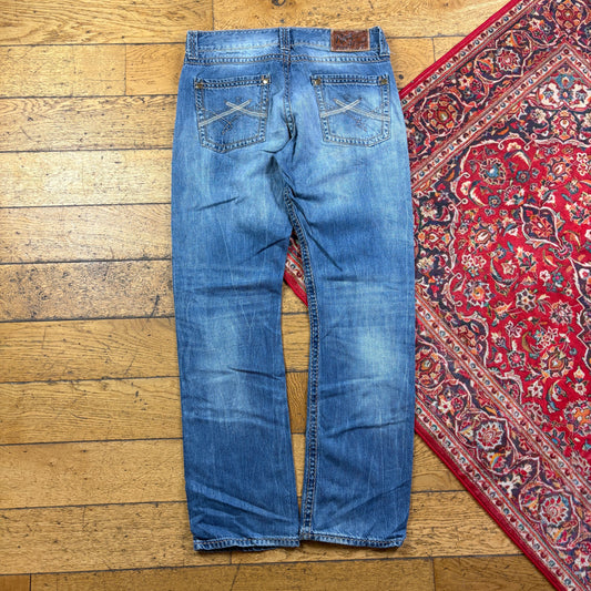 Vintage Blue Embroidered Y2K Hip Hop Straight Jeans - 36