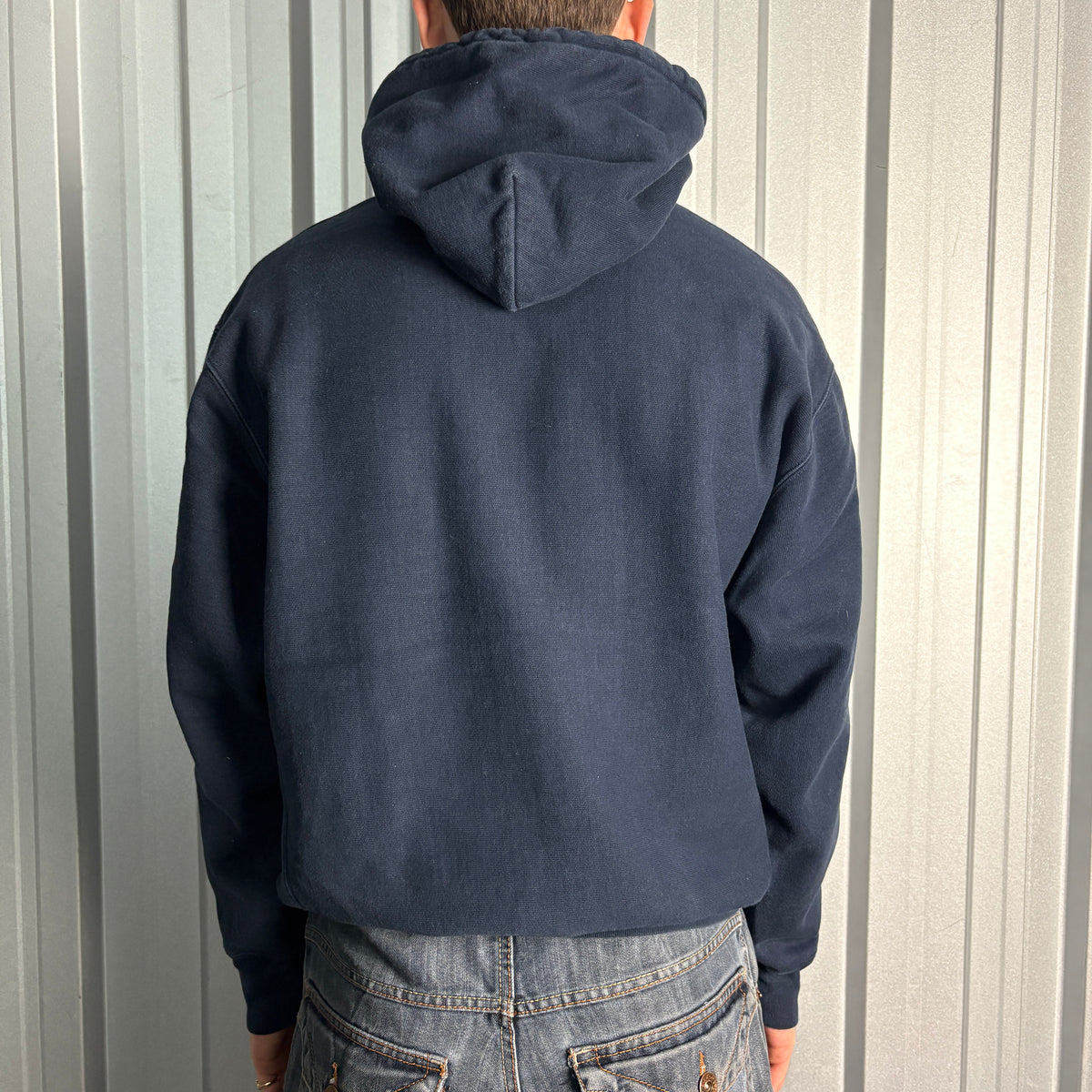 Champion Navy Boxy Hoodie Embroidered USA College Sweatshirt - M