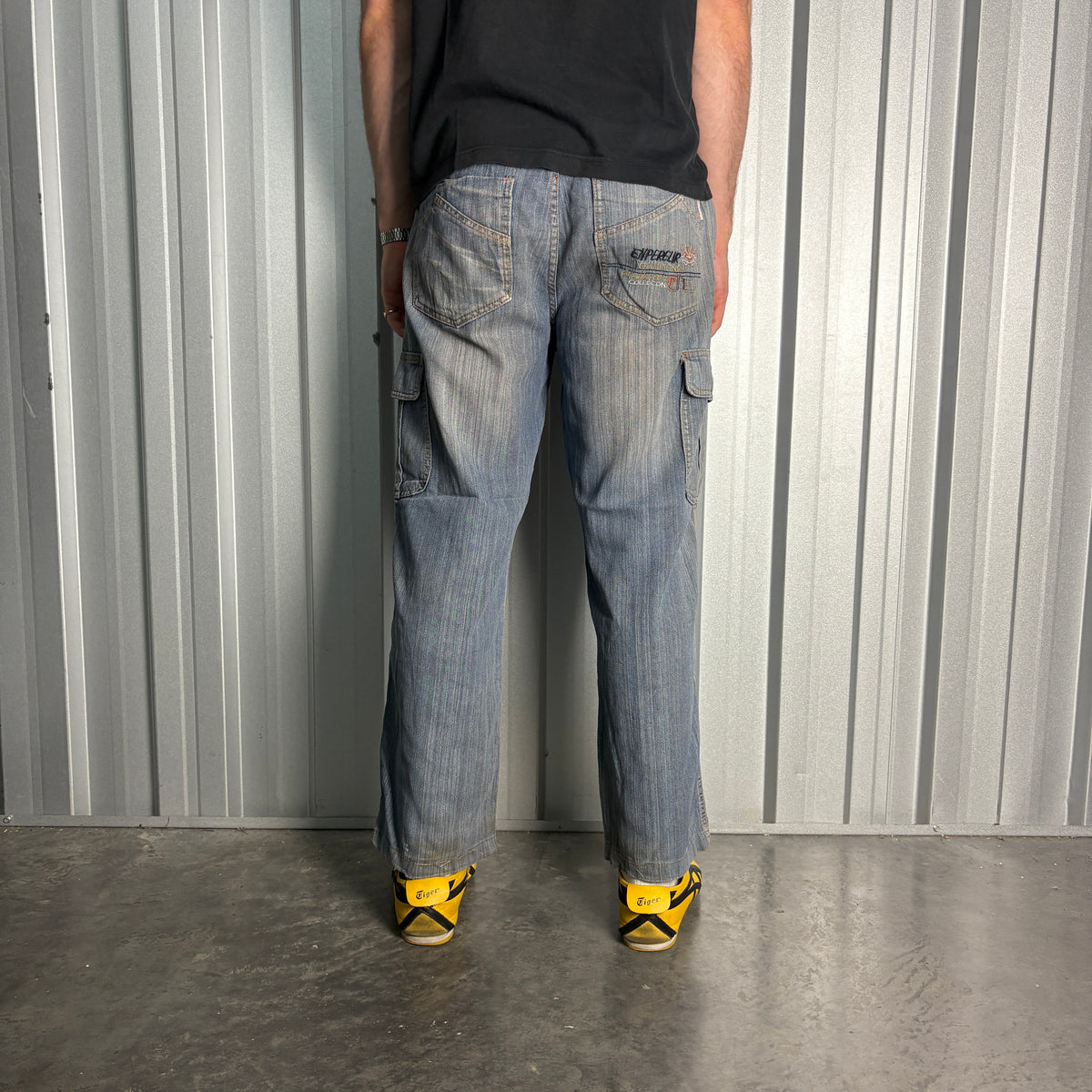 Embroidered Blue Cargo Japanese Denim Hip Hop Y2K Baggy Jeans - 34S