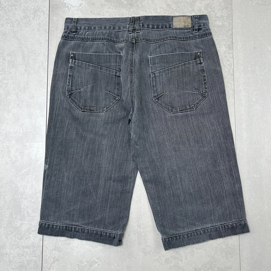 Vintage OWK Embroidered Hip Hop Grey Black Baggy Shorts Jorts - 36