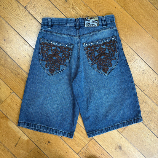 Vintage Evolution in Design Embroidered Hip Hop Blue Baggy Shorts Jorts - 32