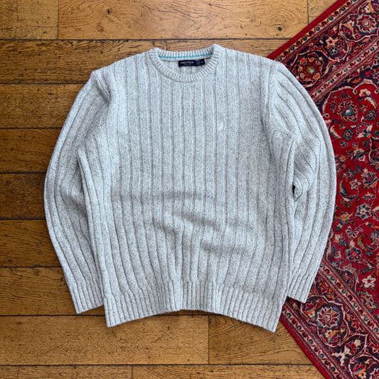 Vintage Nautica Grey Cable Embroidered Knit Jumper - 2XL