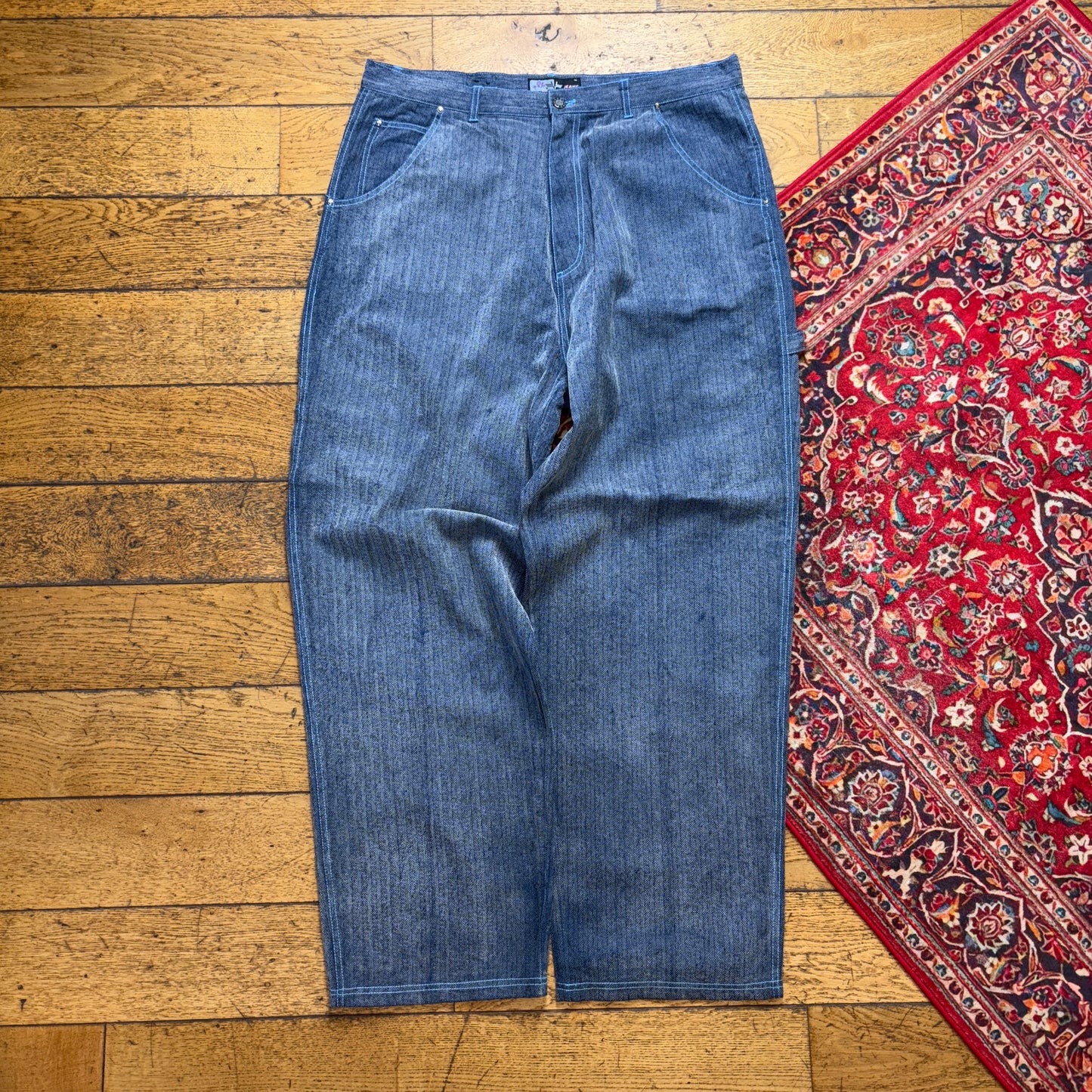 Vintage Blue Grey Embroidered Y2K Hip Hop Baggy Jeans - 38R
