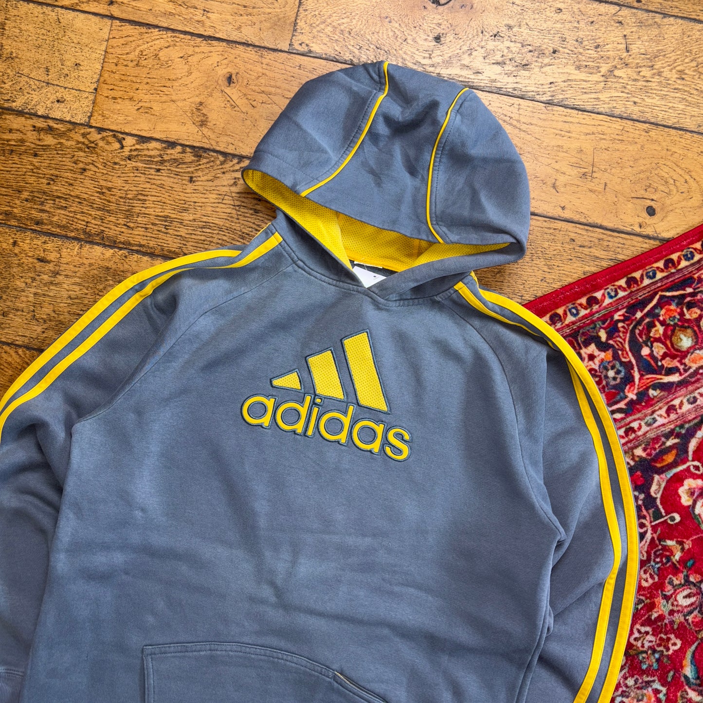 Vintage Adidas y2K Grey Yellow Hoodie Embroidered Sweatshirt - XS