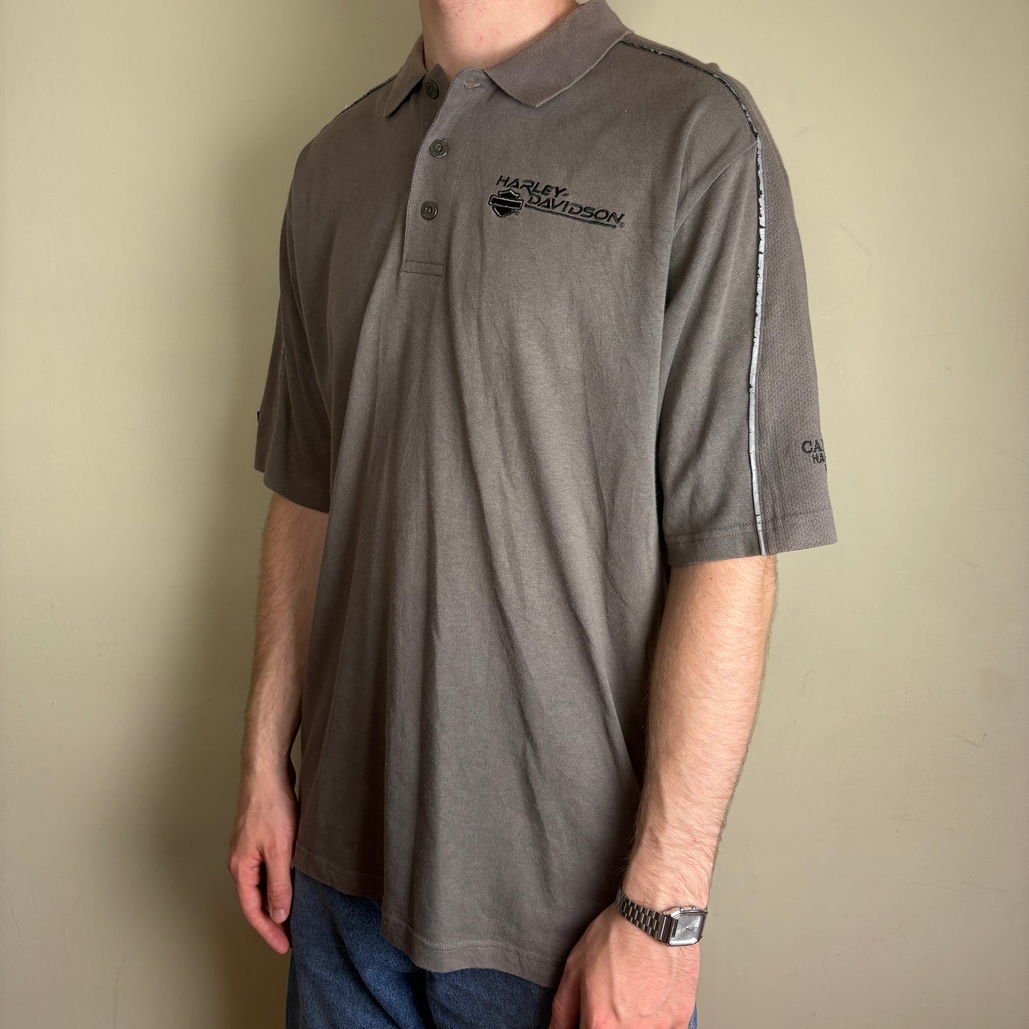 Vintage Harley Davidson Grey Brown Embroidered Polo Shirt - L