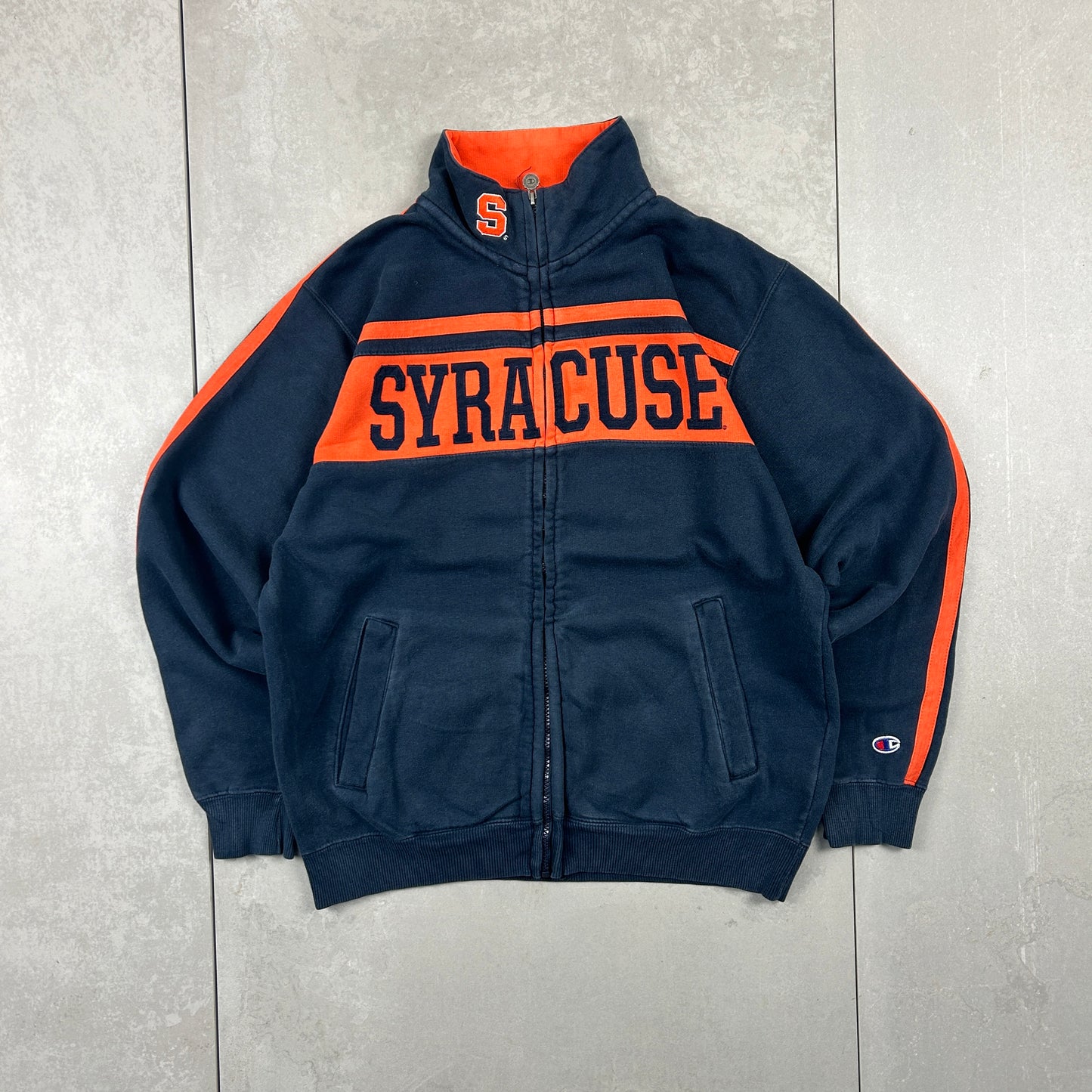 Vintage Champion Embroidered Navy Orange Zip Sweatshirt - M