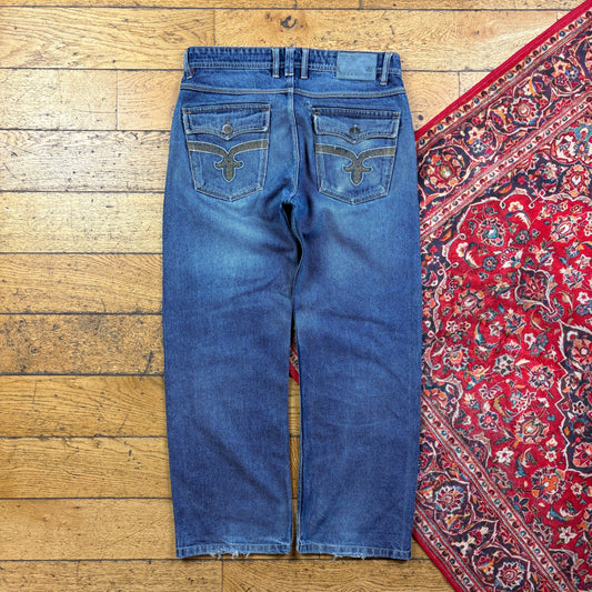 Vintage Rock Revival Blue Embroidered Y2K Hip Hop Baggy Jeans - 36