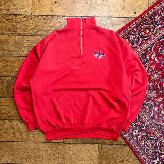 Vintage 90s Adidas Red Quarter Zip Embroidered Sweatshirt - M