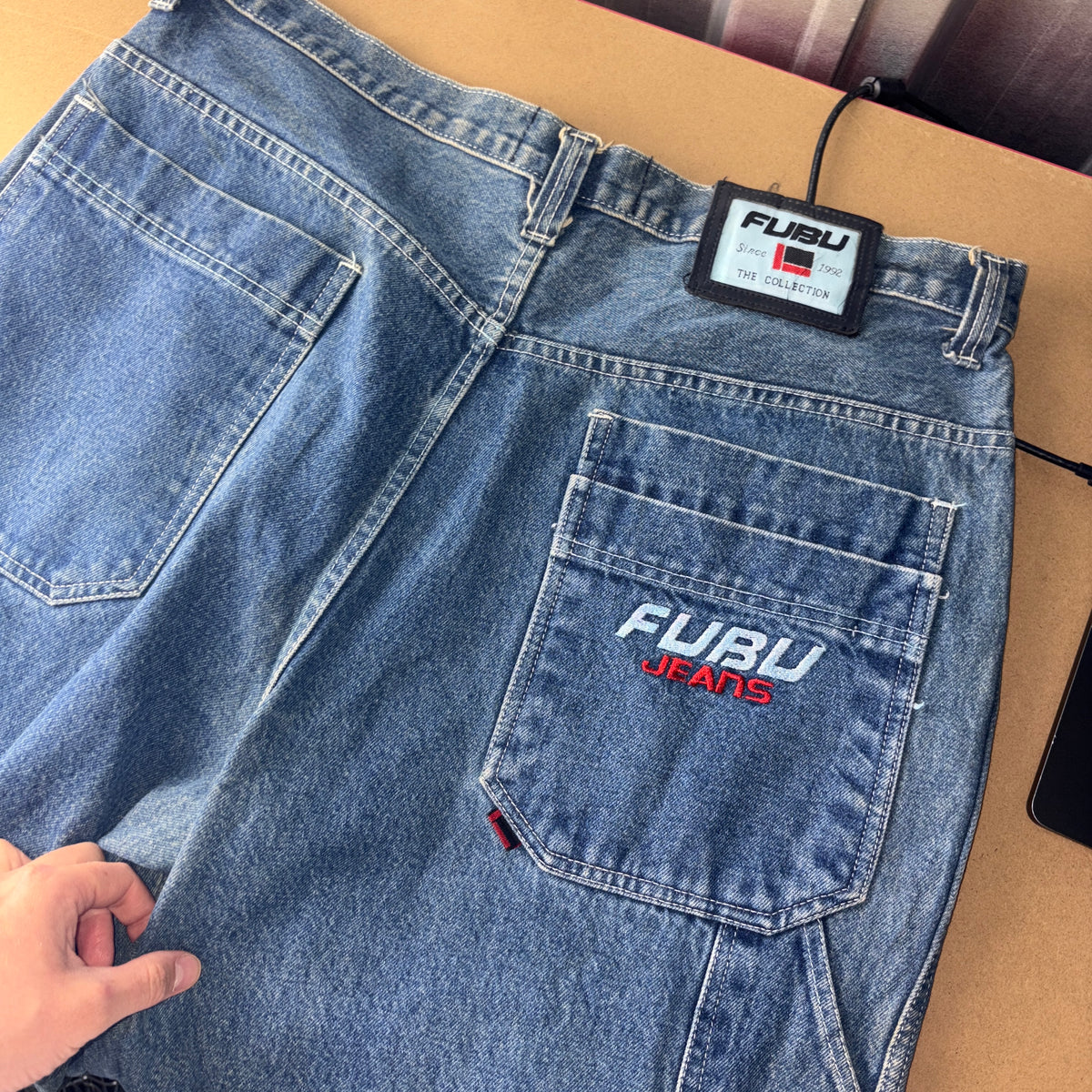 FUBU Blue Embroidered Carpenter Japanese Denim Hip Hop Y2K Baggy Jeans - 36L