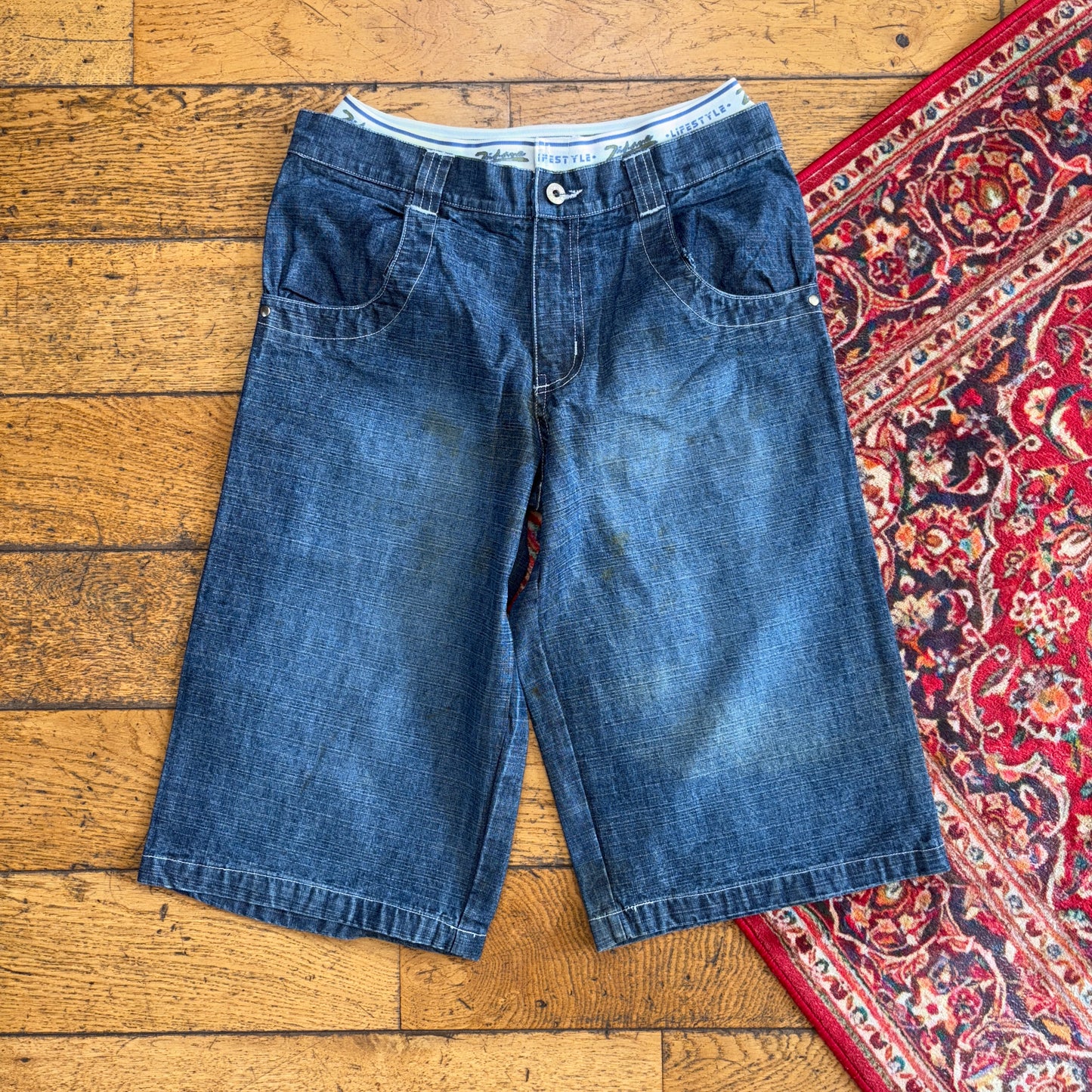 Vintage Zinedine Zidane Y2K Embroidered Hip Hop Blue Baggy Shorts Jorts - 28
