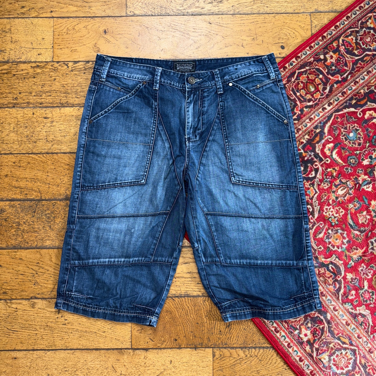 Vintage Embroidered Hip Hop Baggy Blue Shorts Jorts - 38