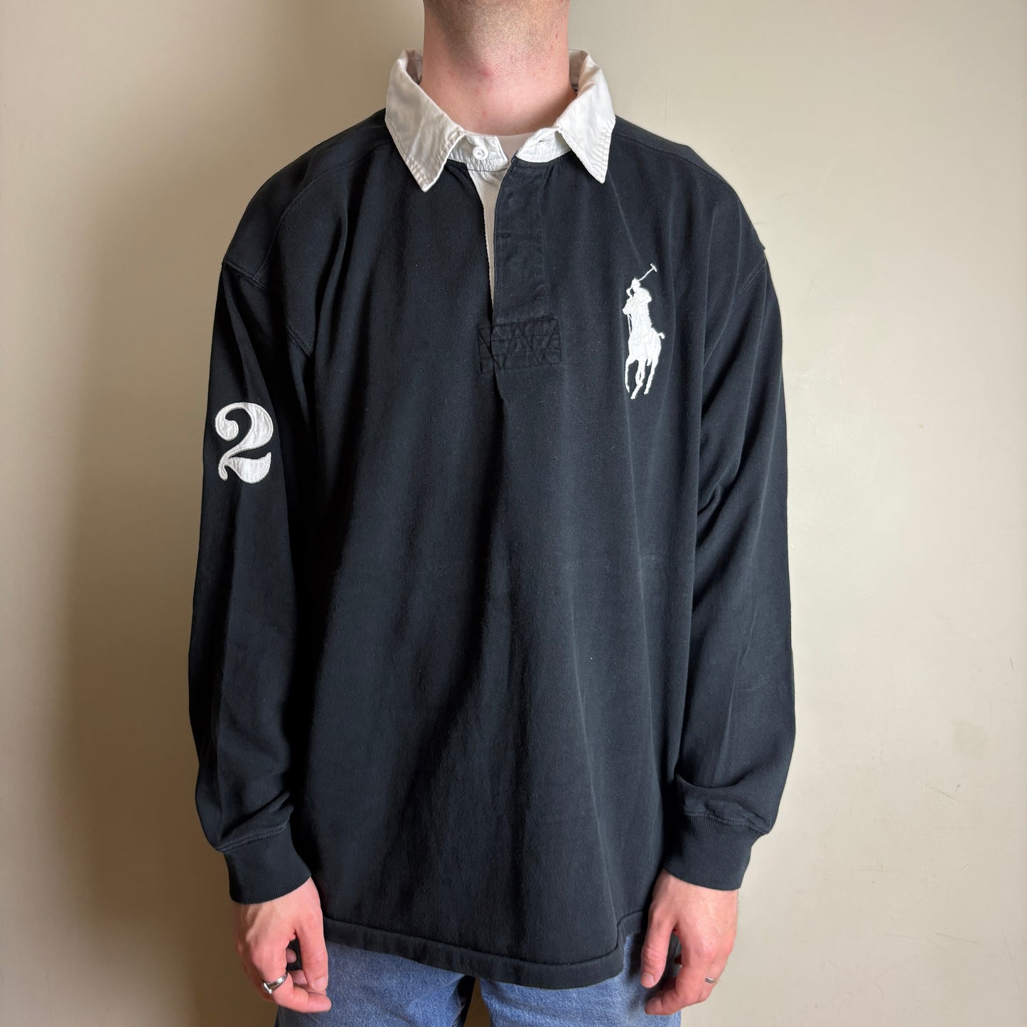 Vintage Ralph Lauren Black Big Pony Long Sleeve Rugby Polo Shirt - 3XL