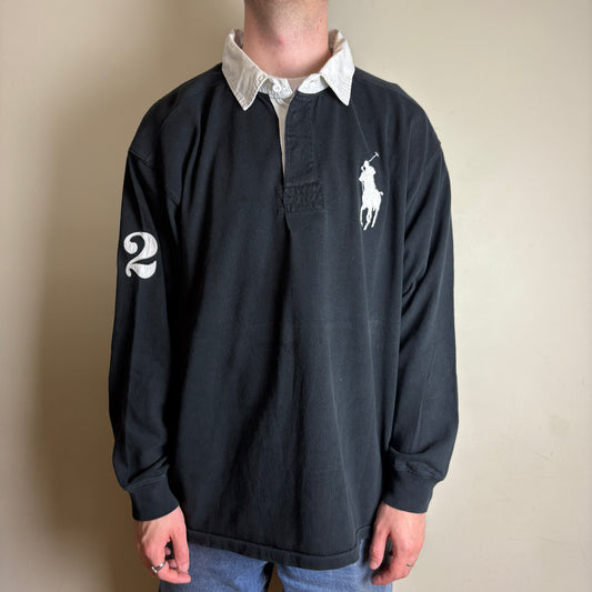 Vintage Ralph Lauren Black Big Pony Long Sleeve Rugby Polo Shirt - 3XL