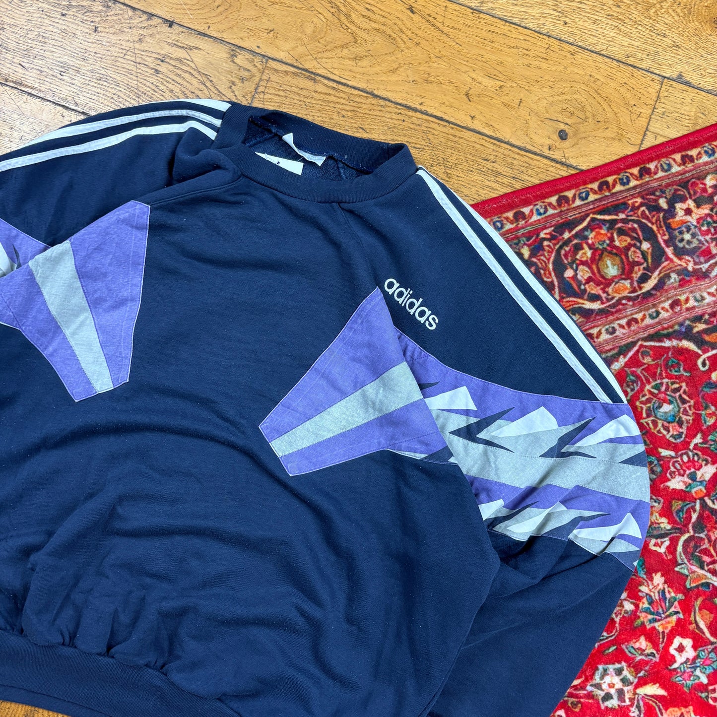 Vintage 80s Adidas Navy Embroidered Pattern Sweatshirt - XL