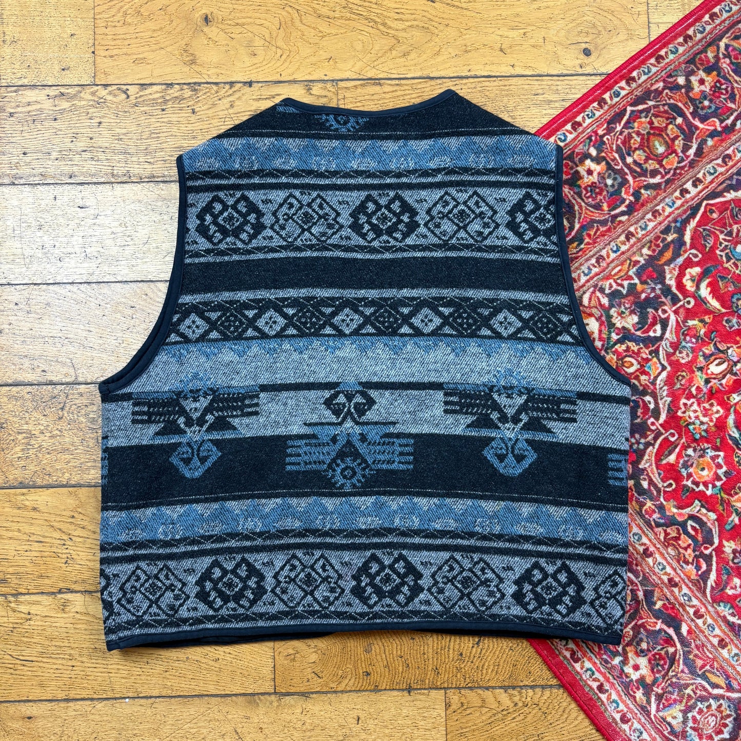 Vintage Knit Blue Patterned Waistcoat Vest Gilet - XL