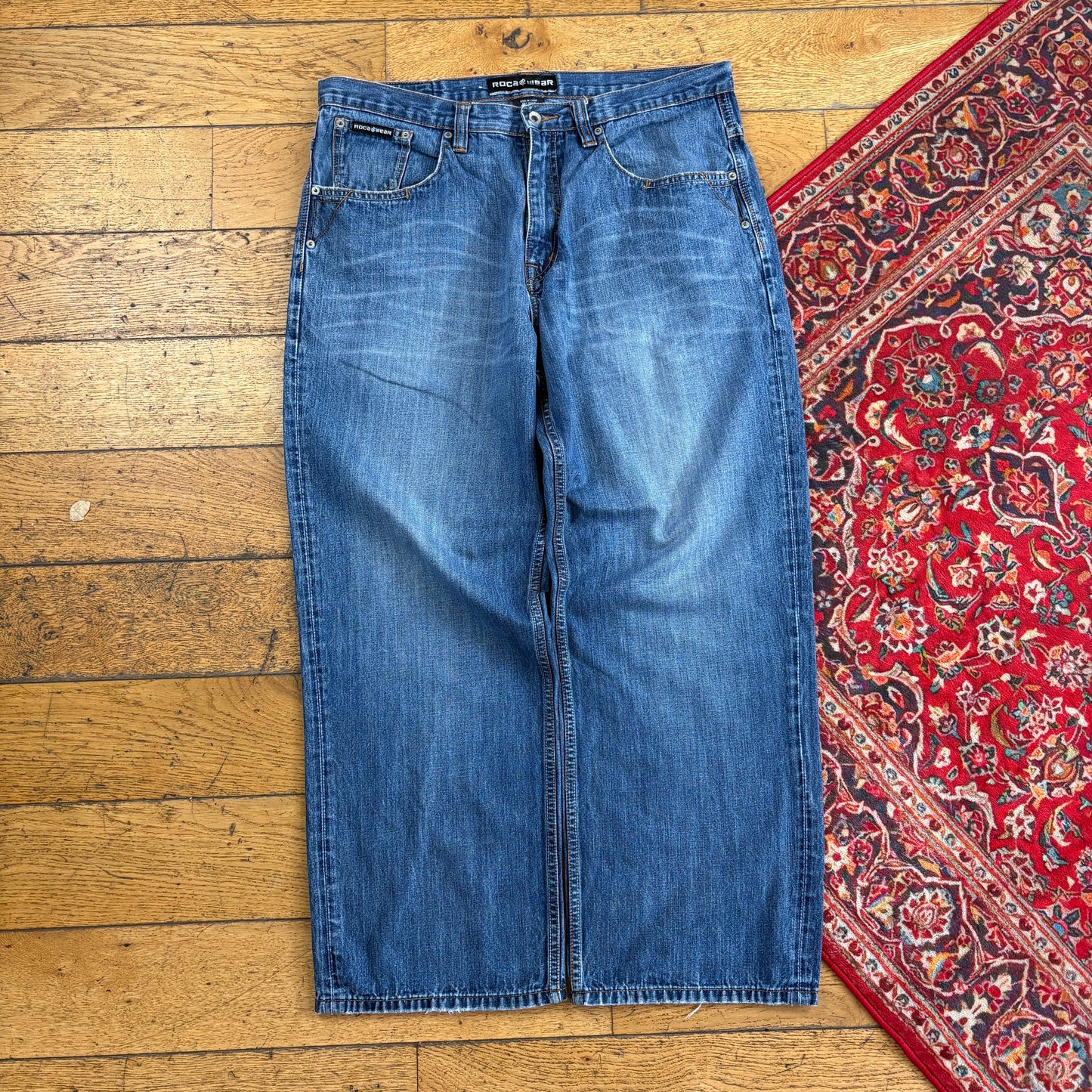 Vintage Rocawear Blue Embroidered Y2K Hip Hop Baggy Jeans - 36