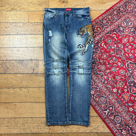 Vintage Tiger Blue Embroidered Y2K Hip Hop Slim Jeans - 34