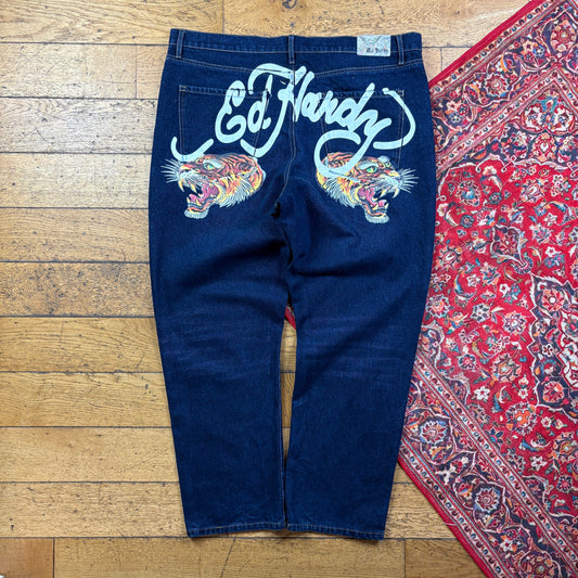 Vintage Ed Hardy Blue Y2K Hip Hop Baggy Tapered Jeans - 42
