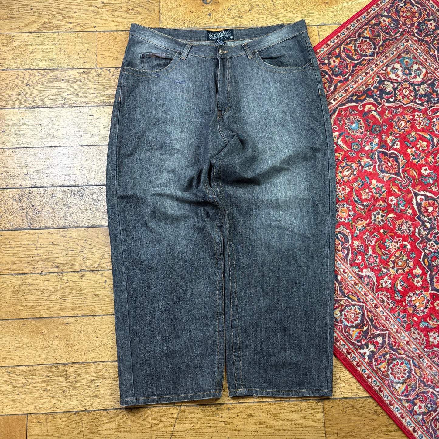 Vintage Mecca Grey Embroidered Y2K Hip Hop Baggy Jeans - 44