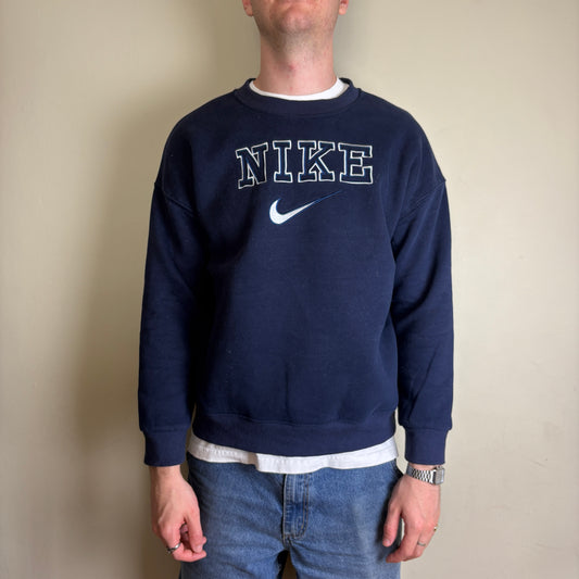 Vintage Nike Navy Spellout Swoosh Embroidered Sweatshirt - M
