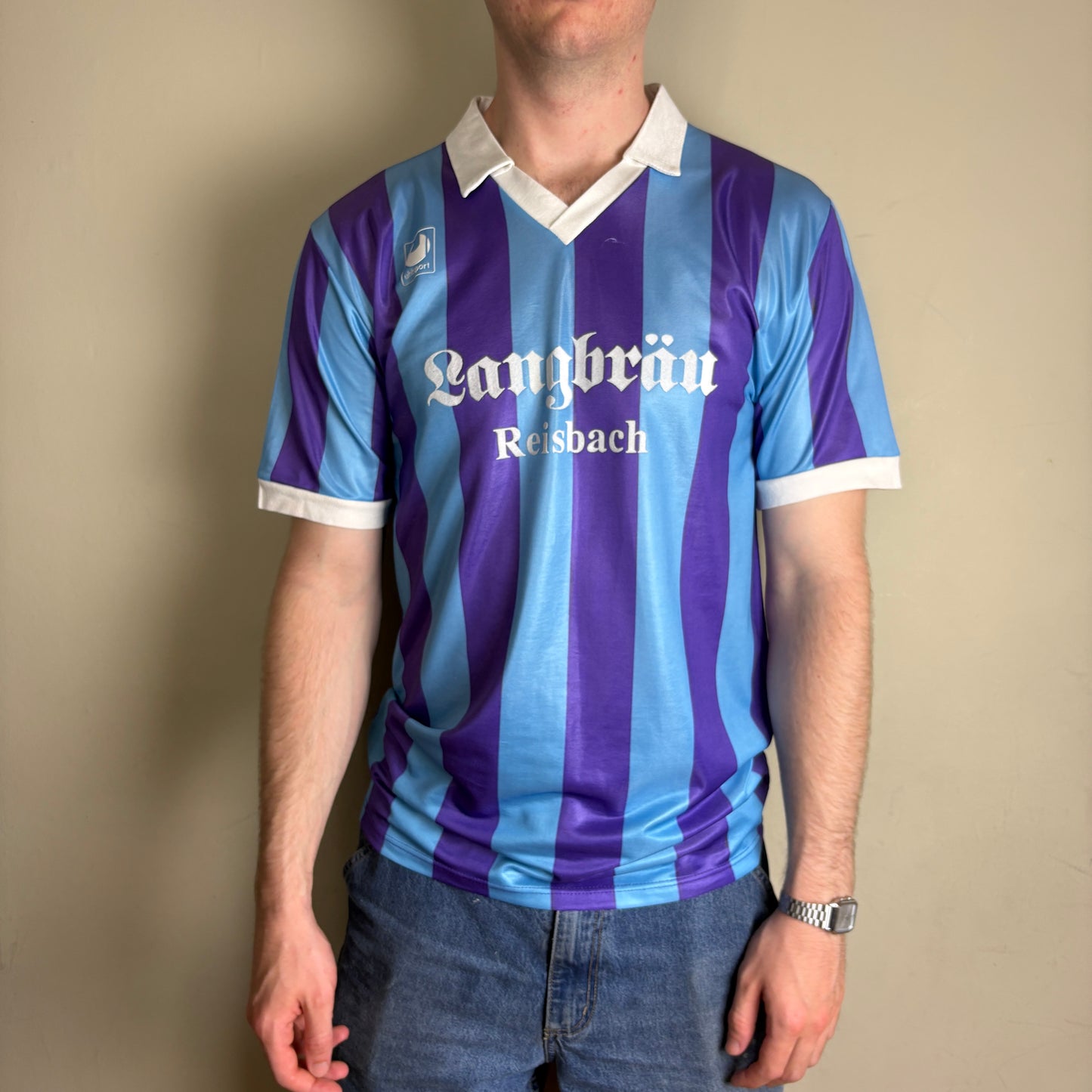 Vintage FC Oberporing Blue Purple Stripe Football Polo Shirt - M