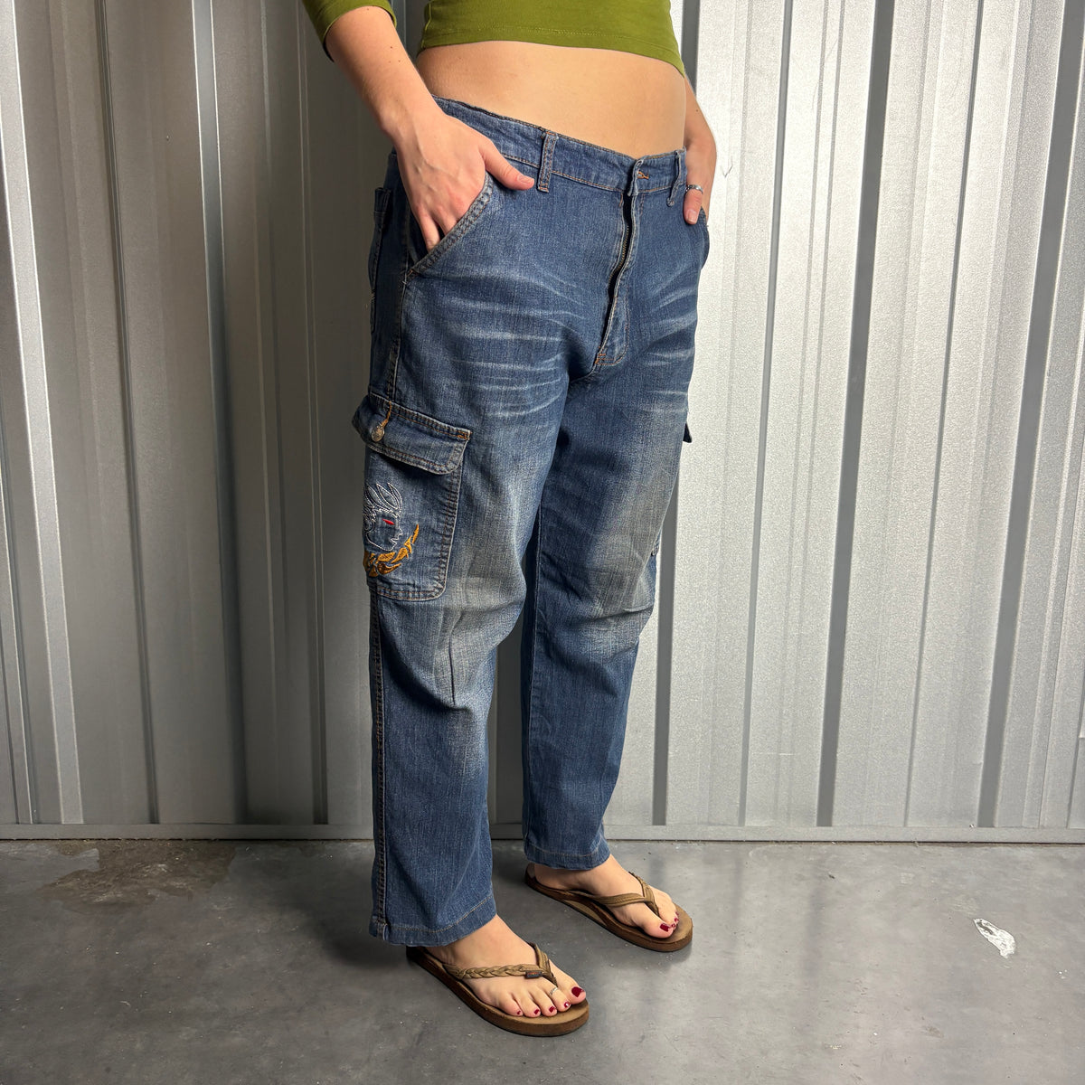 Embroidered Blue Cargo Japanese Denim Hip Hop Y2K Baggy Jeans - 34S