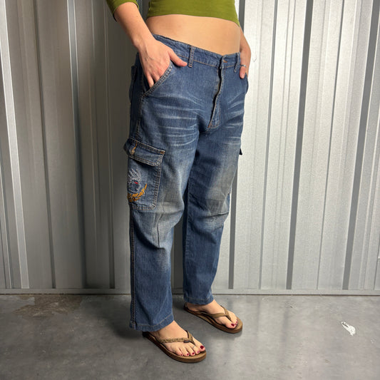 Embroidered Blue Cargo Japanese Denim Hip Hop Y2K Baggy Jeans - 34S