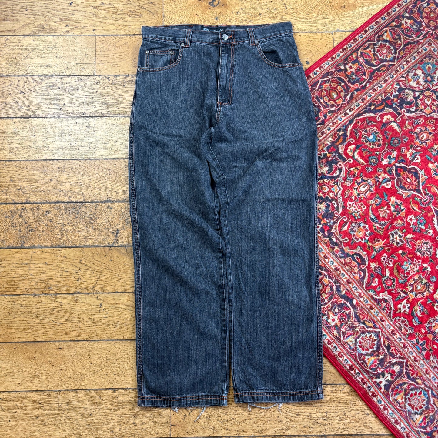 Vintage Dtek Faded Black Embroidered Y2K Hip Hop Baggy Jeans - 34