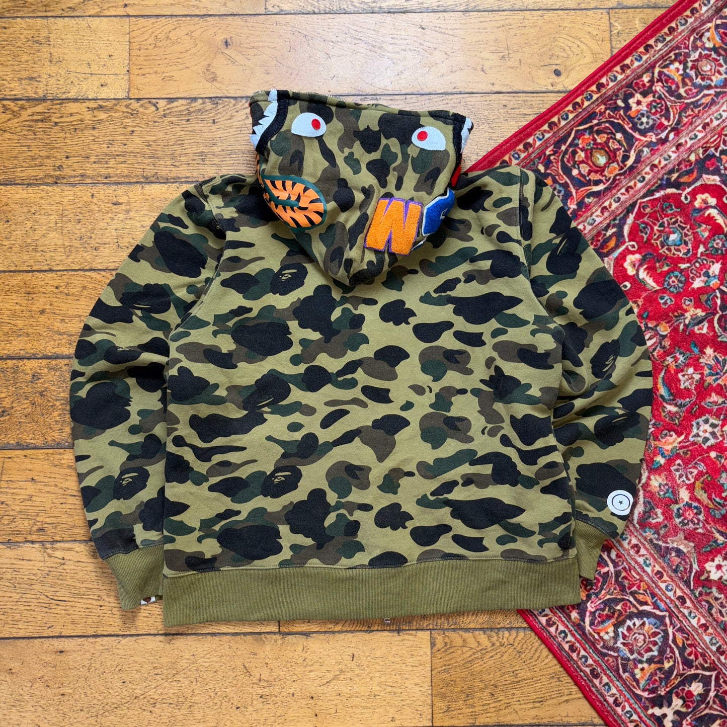 Vintage Bape Bathing Ape Green Camo Shark Hoodie Embroidered Sweatshirt - M