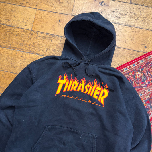Vintage Thrasher Black Skate Flames Hoodie Sweatshirt - XL
